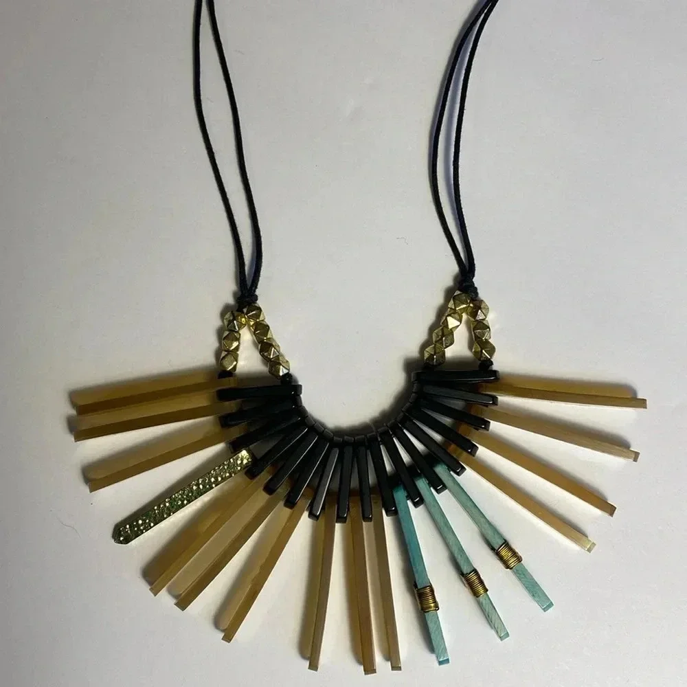 NEW Fair Trade Beaded Fan Statement Large Necklace Rope Gold Black Turquoise - Picture 11 of 12